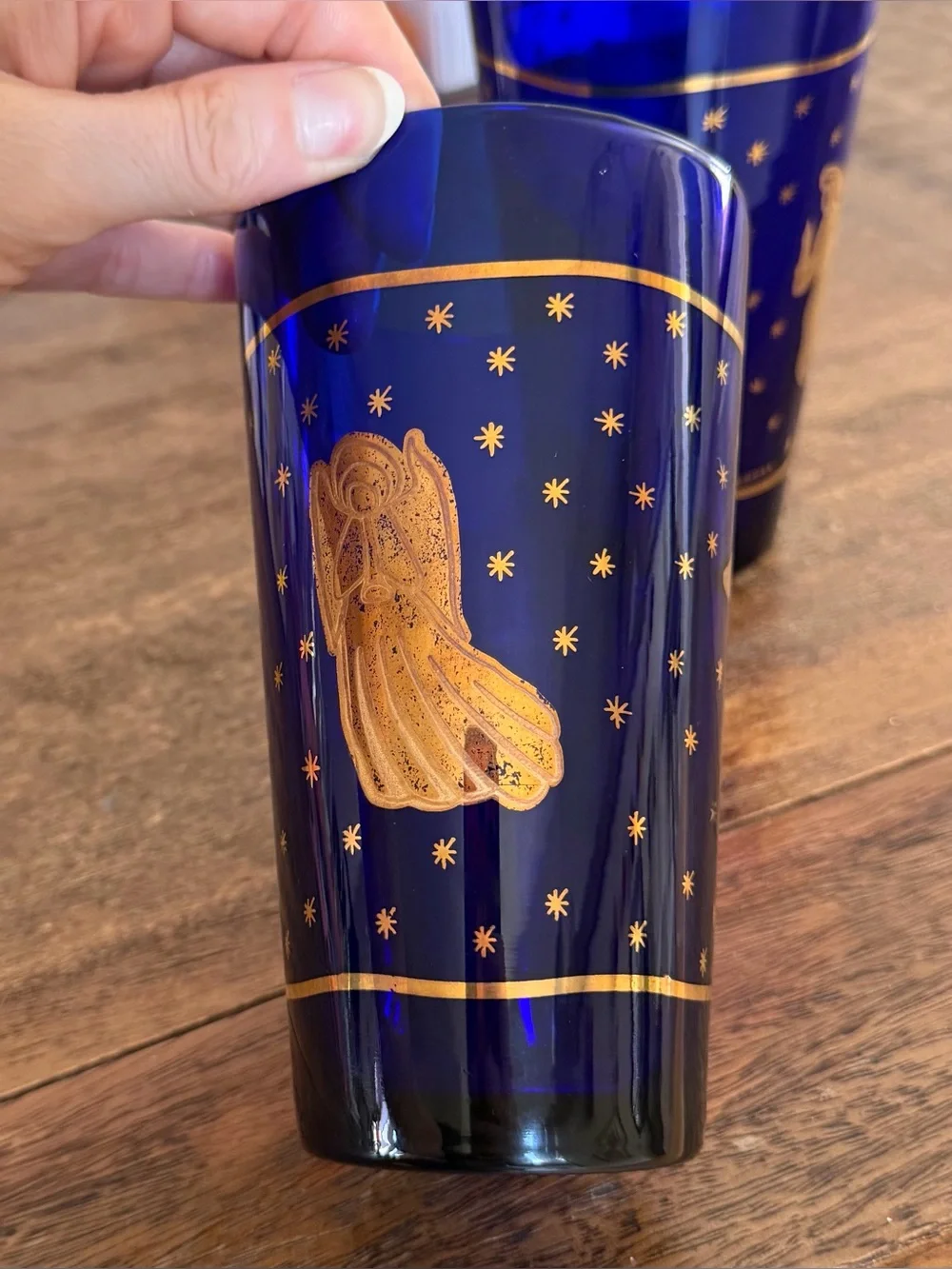 MCM Glassware: Vintage Culver Cobalt Blue and 22K Gold Angel Tumblers